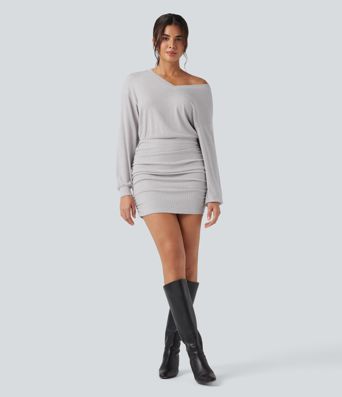 Ribbed Knit V-neck Long Sleeve Ruched Bodycon Mini Casual Dress