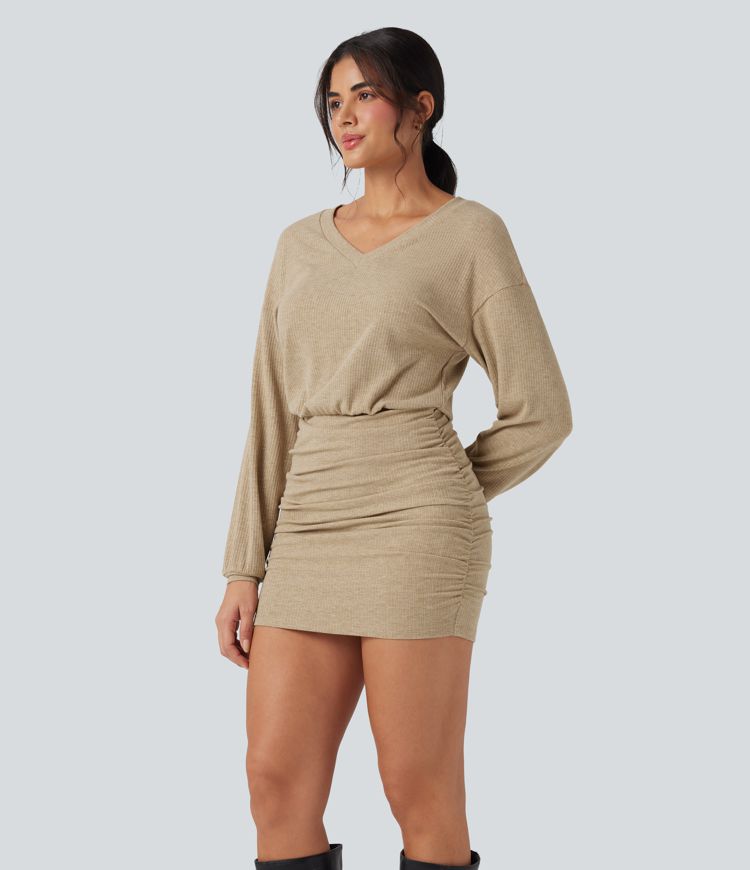 Ribbed Knit V-neck Long Sleeve Ruched Bodycon Mini Casual Dress