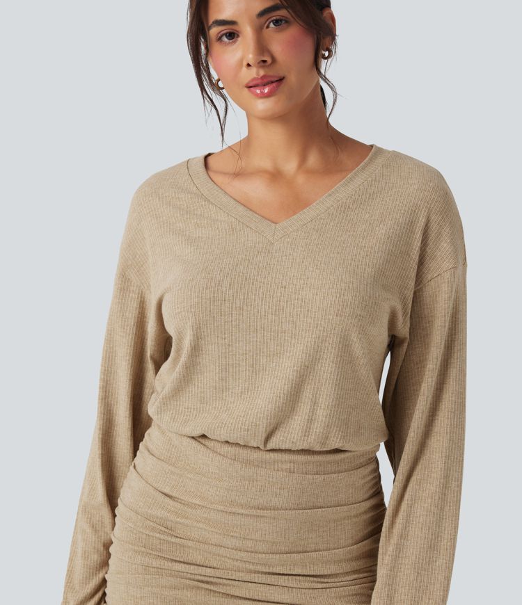Ribbed Knit V-neck Long Sleeve Ruched Bodycon Mini Casual Dress