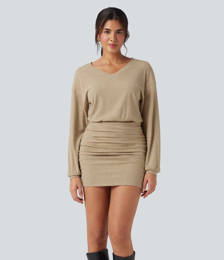 Ribbed Knit V-neck Long Sleeve Ruched Bodycon Mini Casual Dress