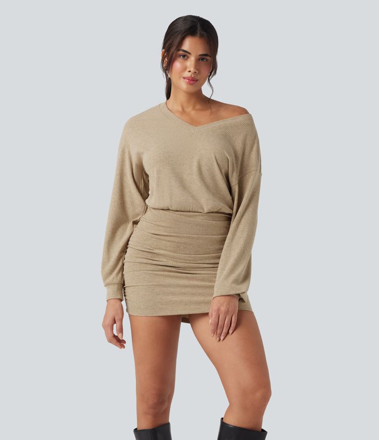 Ribbed Knit V-neck Long Sleeve Ruched Bodycon Mini Casual Dress
