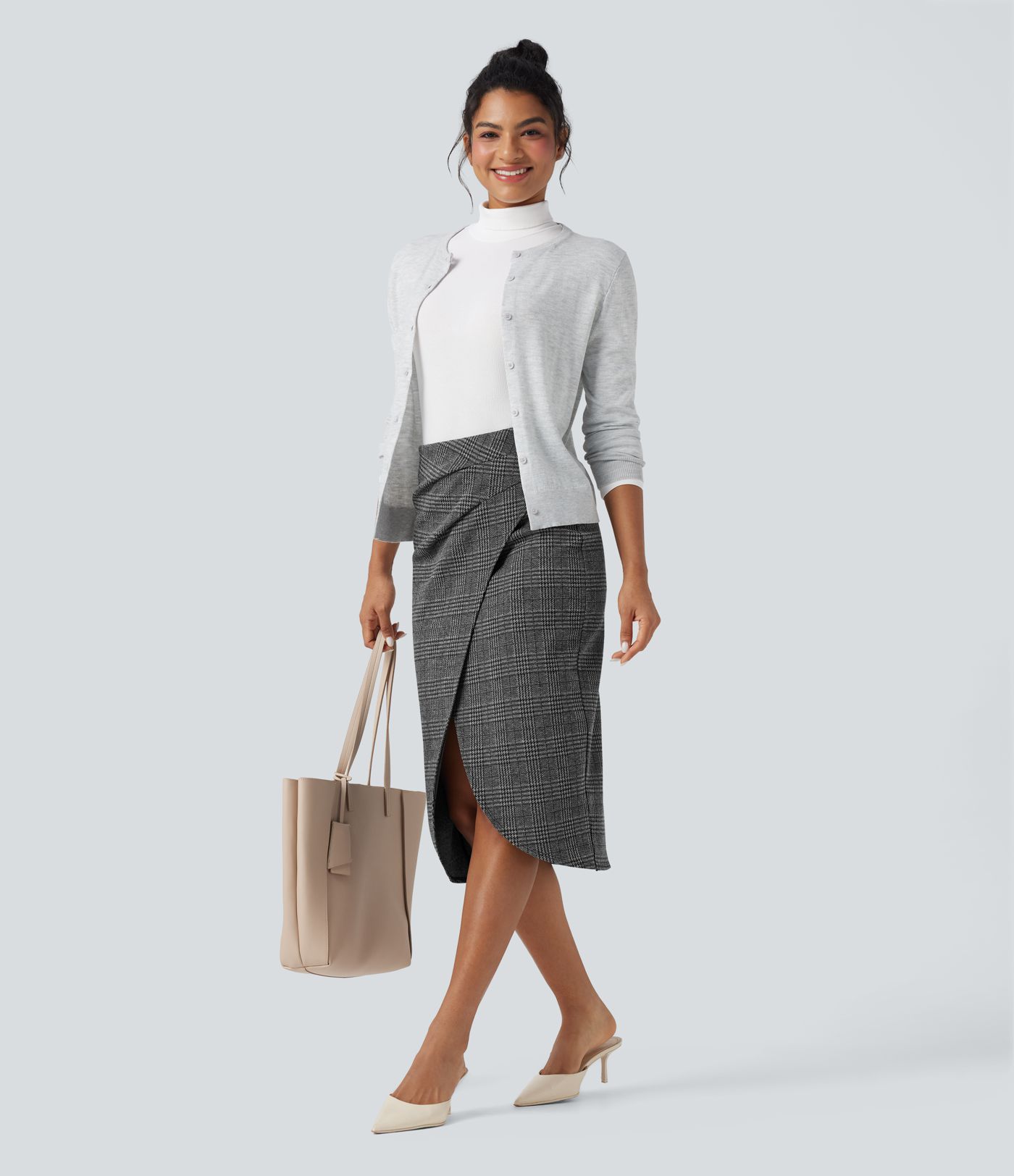 Vysoký pas 2v1 deštník Houndstooth Plaid Midi Pracovní sukně