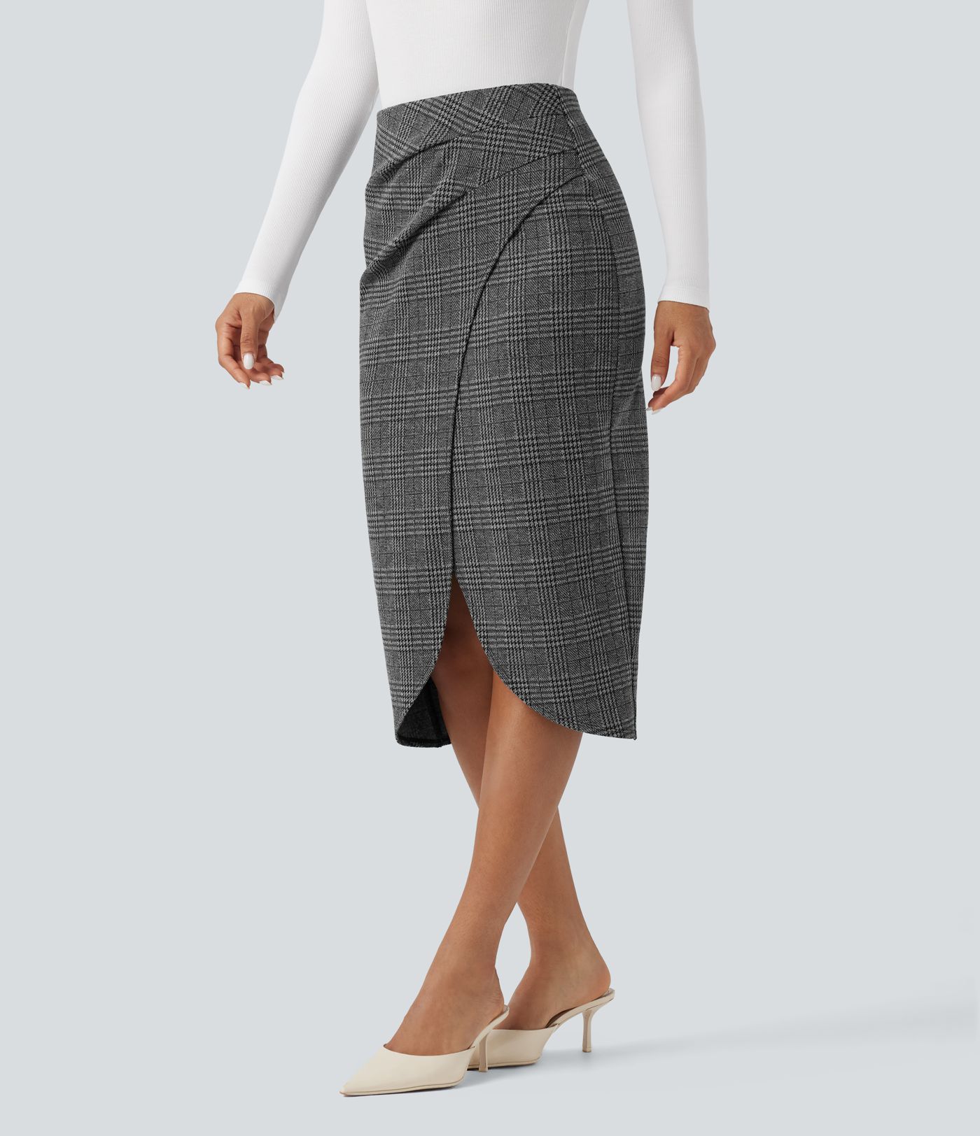 Vysoký pas 2v1 deštník Houndstooth Plaid Midi Pracovní sukně