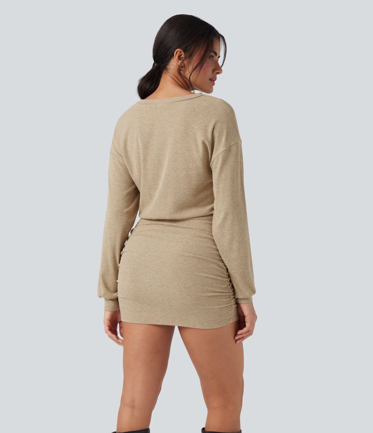 Ribbed Knit V-neck Long Sleeve Ruched Bodycon Mini Casual Dress