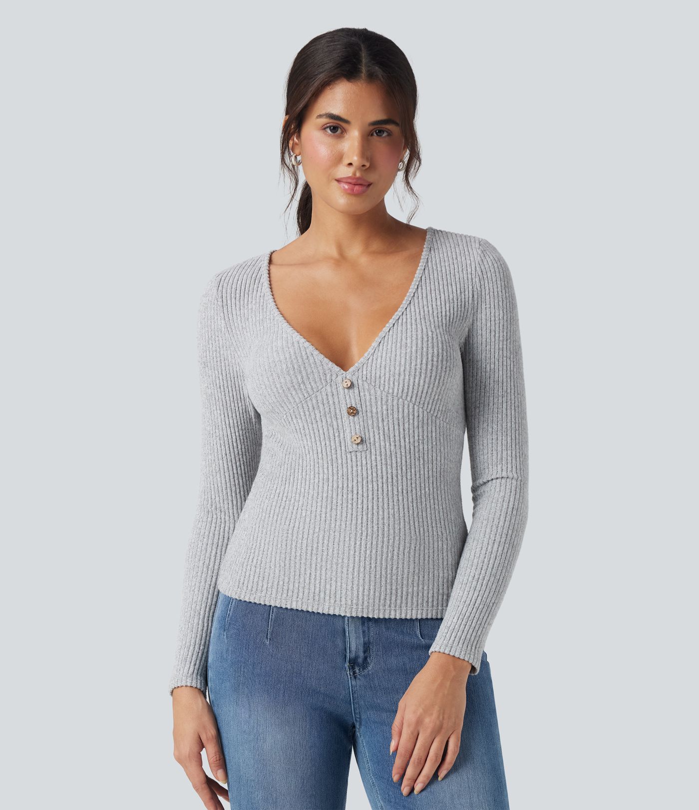 Ribbed Knit V-neck Long Sleeve Slim Heathered Casual Top