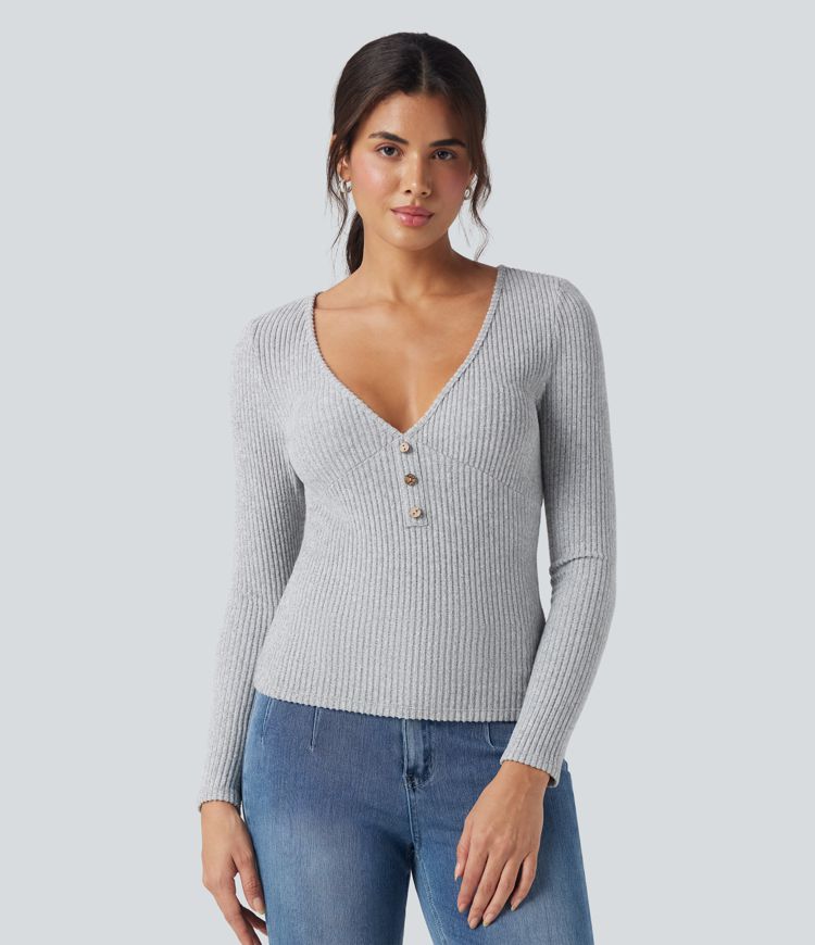 Ribbed Knit V-neck Long Sleeve Slim Heathered Casual Top