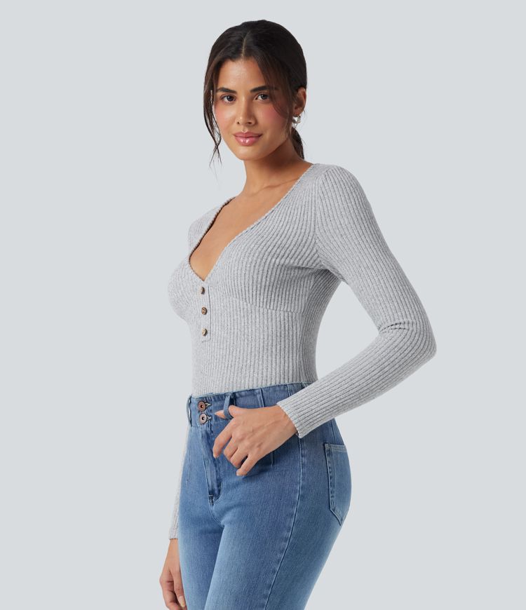 Ribbed Knit V-neck Long Sleeve Slim Heathered Casual Top