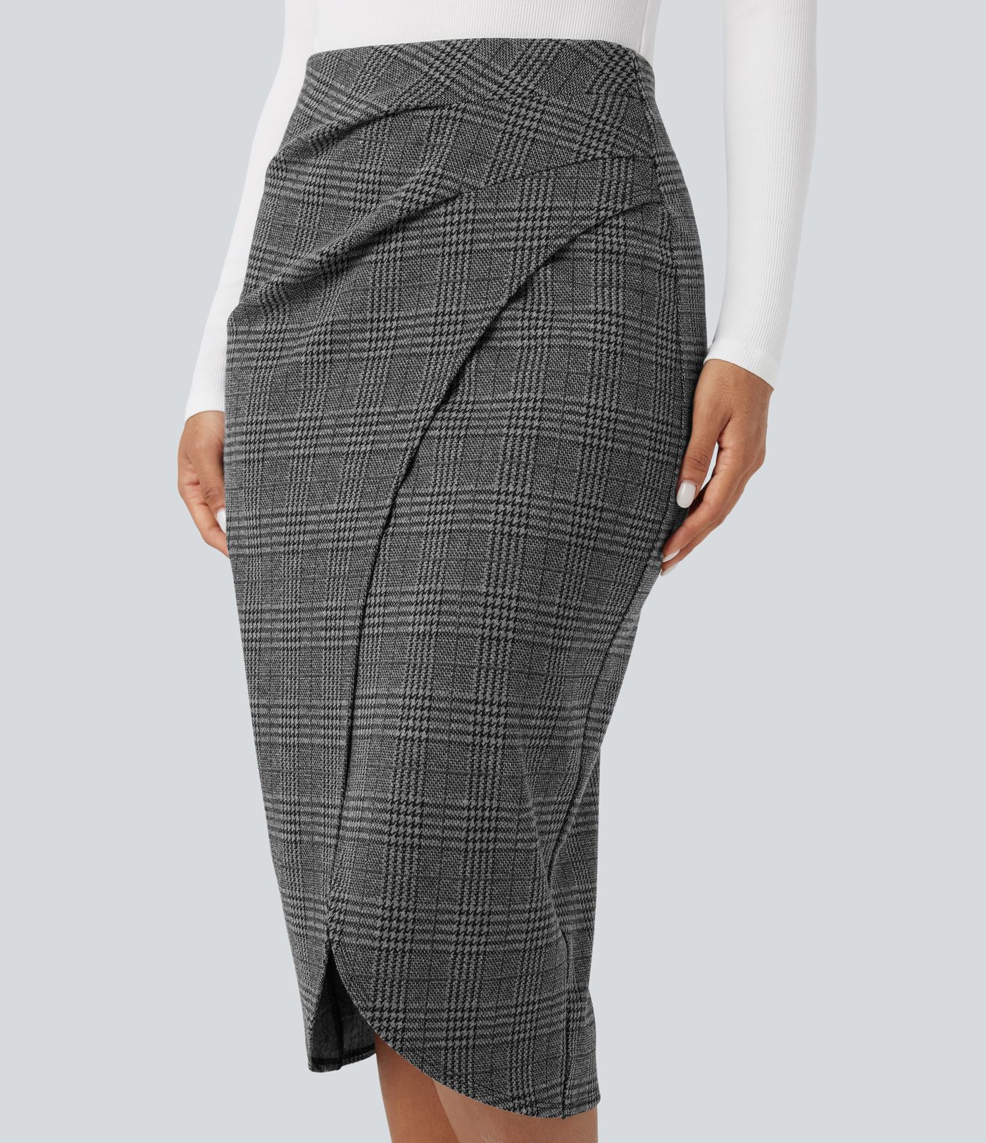 Vysoký pas 2v1 deštník Houndstooth Plaid Midi Pracovní sukně