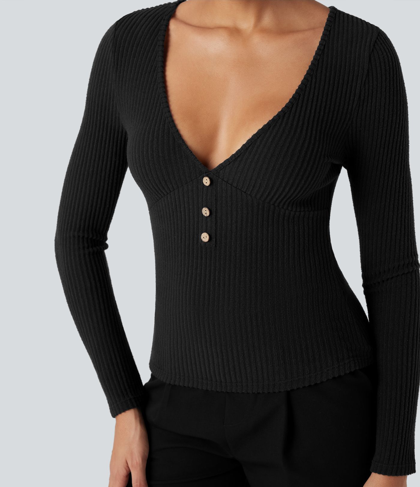 Top casual ajustado de punto acanalado con escote en V, mangas largas y efecto jaspeado