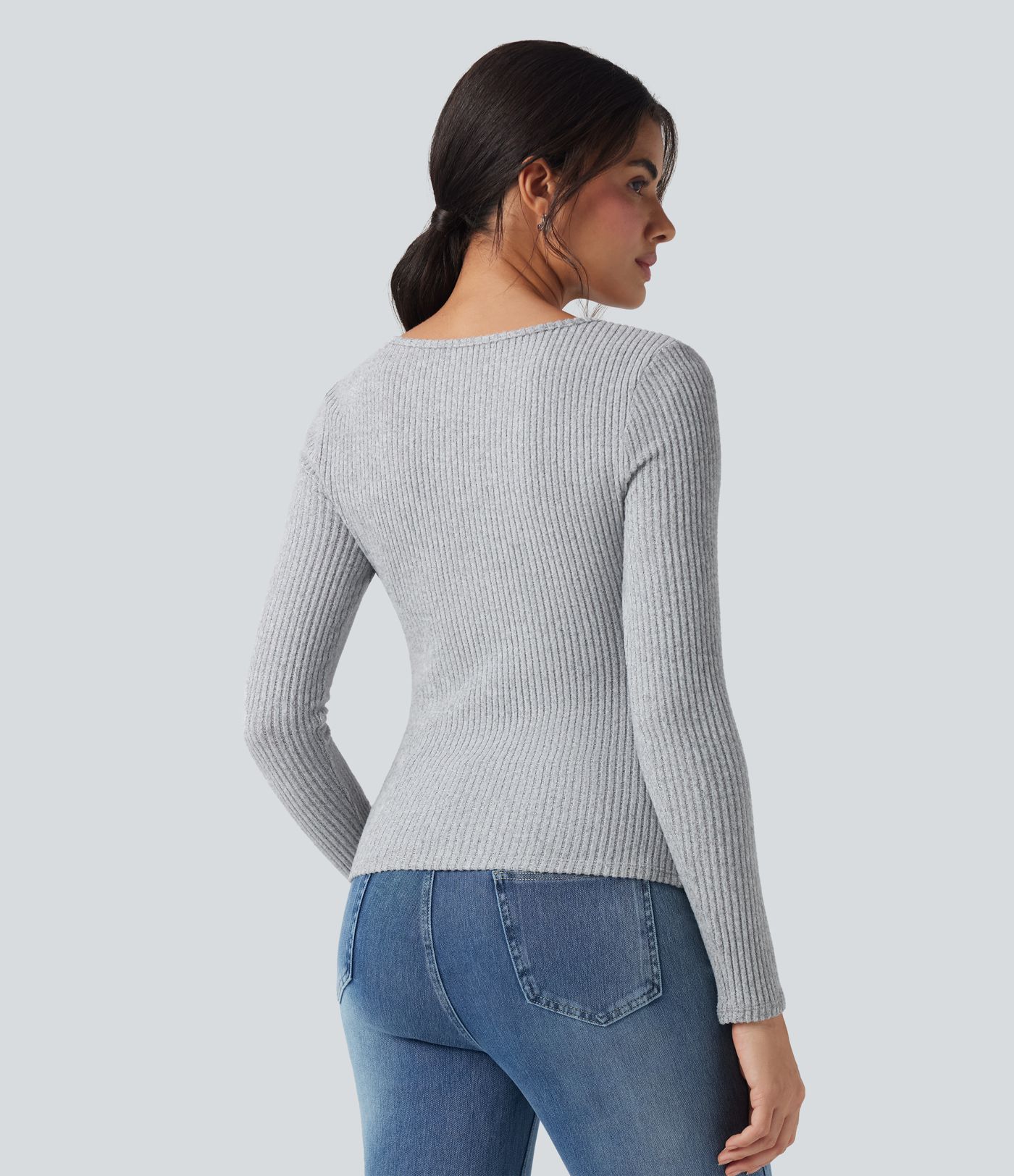 Ribbed Knit V-neck Long Sleeve Slim Heathered Casual Top