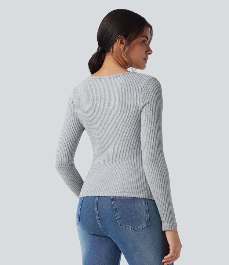 Ribbed Knit V-neck Long Sleeve Slim Heathered Casual Top