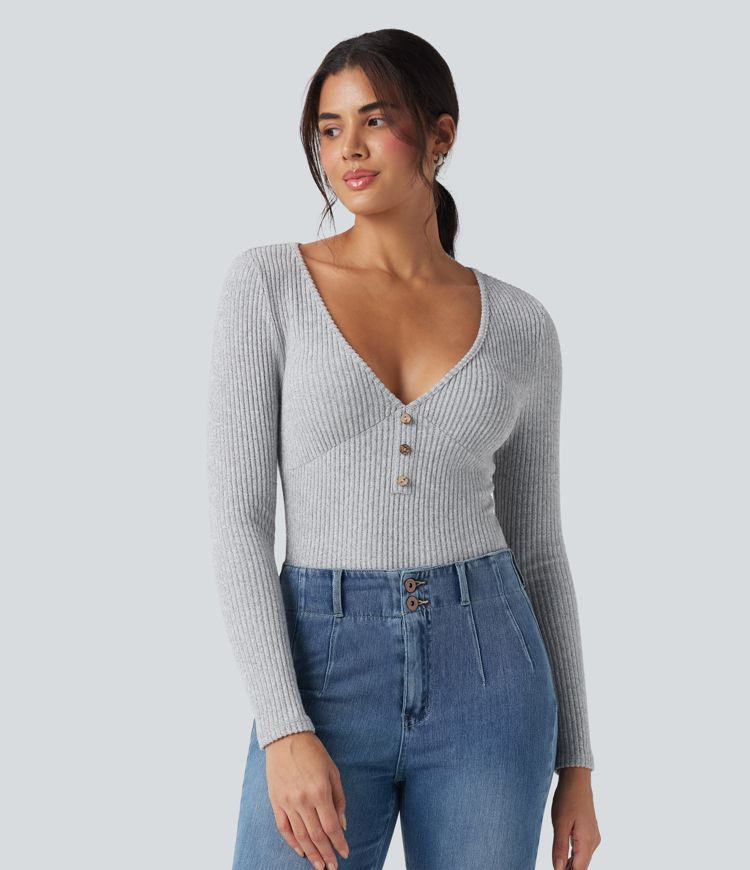 Ribbed Knit V-neck Long Sleeve Slim Heathered Casual Top