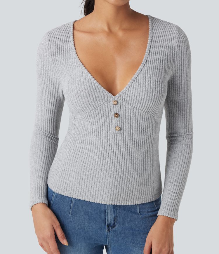 Ribbed Knit V-neck Long Sleeve Slim Heathered Casual Top