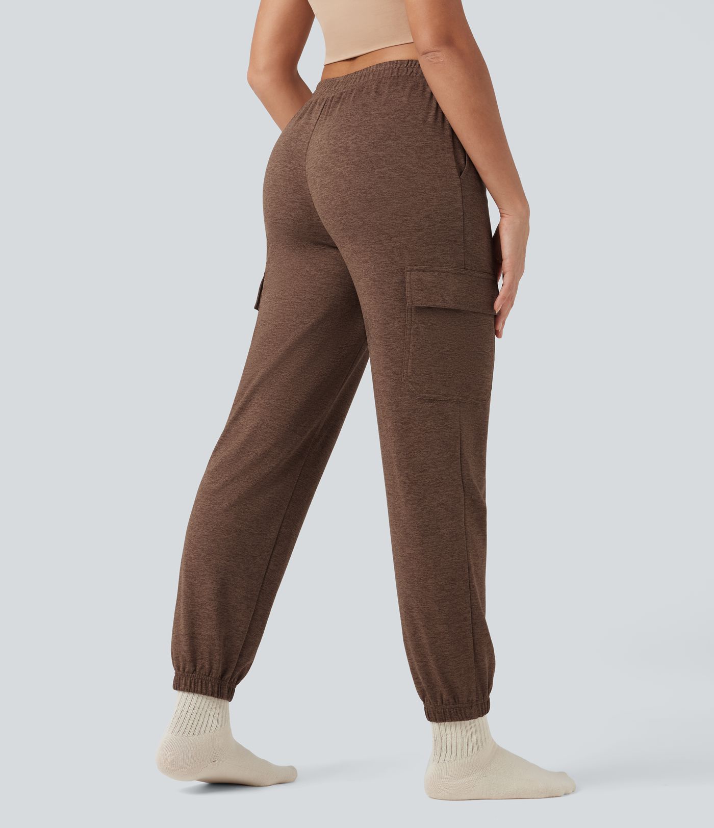 Mid Rise Quick Dry Heathered Lounge Cargo Joggers with Pockets-UPF40+