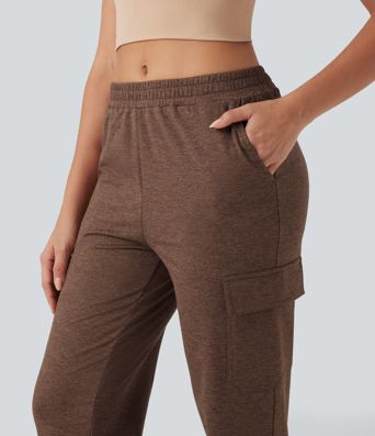Mid Rise Quick Dry Heathered Lounge Cargo Joggers with Pockets-UPF40+