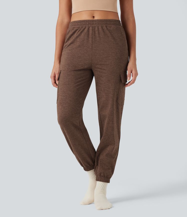 Mid Rise Quick Dry Heathered Lounge Cargo Joggers with Pockets-UPF40+
