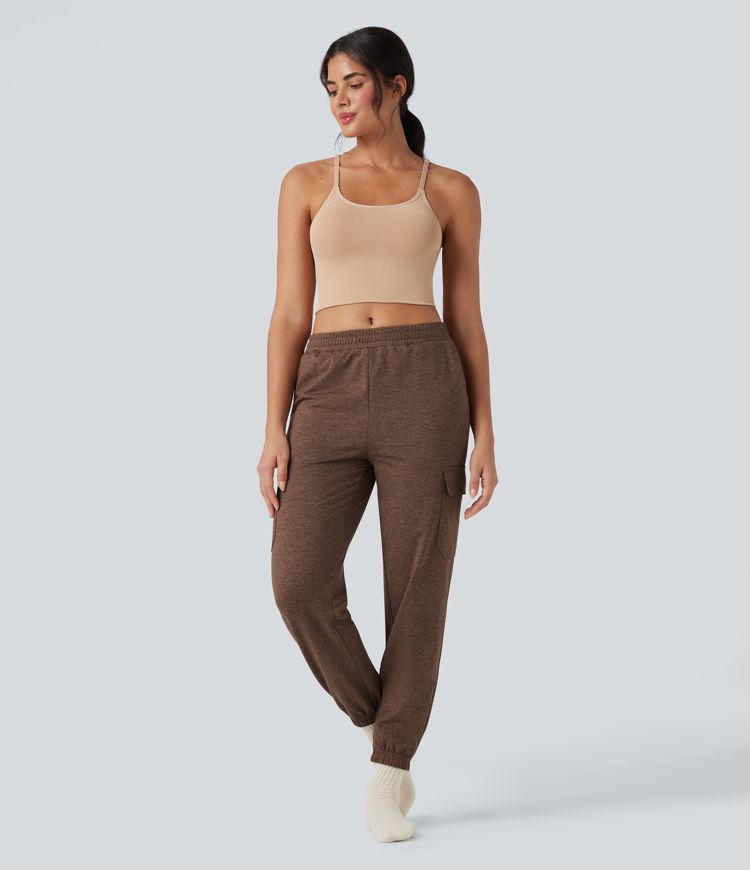 Mid Rise Quick Dry Heathered Lounge Cargo Joggers with Pockets-UPF40+