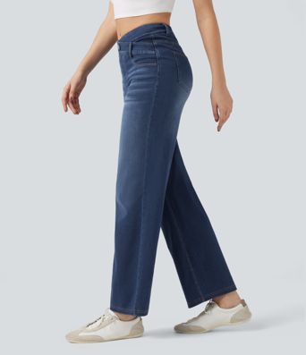Halara Flex™ Mid Rise Crossover Tummy Control Straight Leg Casual Jeans with Pockets