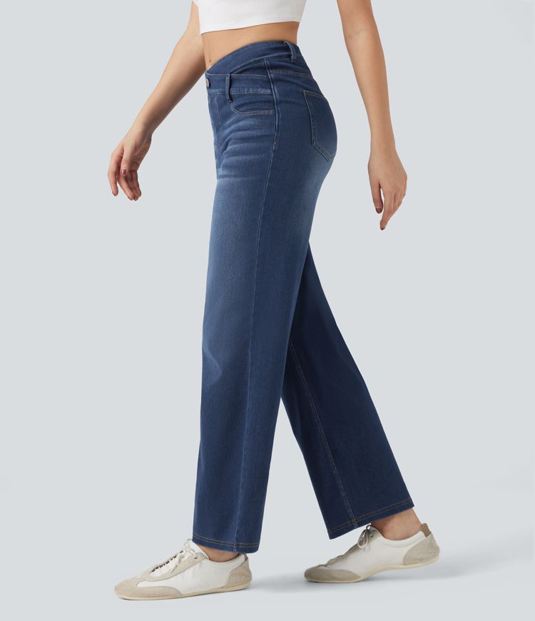 Halara Flex™ Mid Rise Crossover Tummy Control Straight Leg Casual Jeans with Pockets