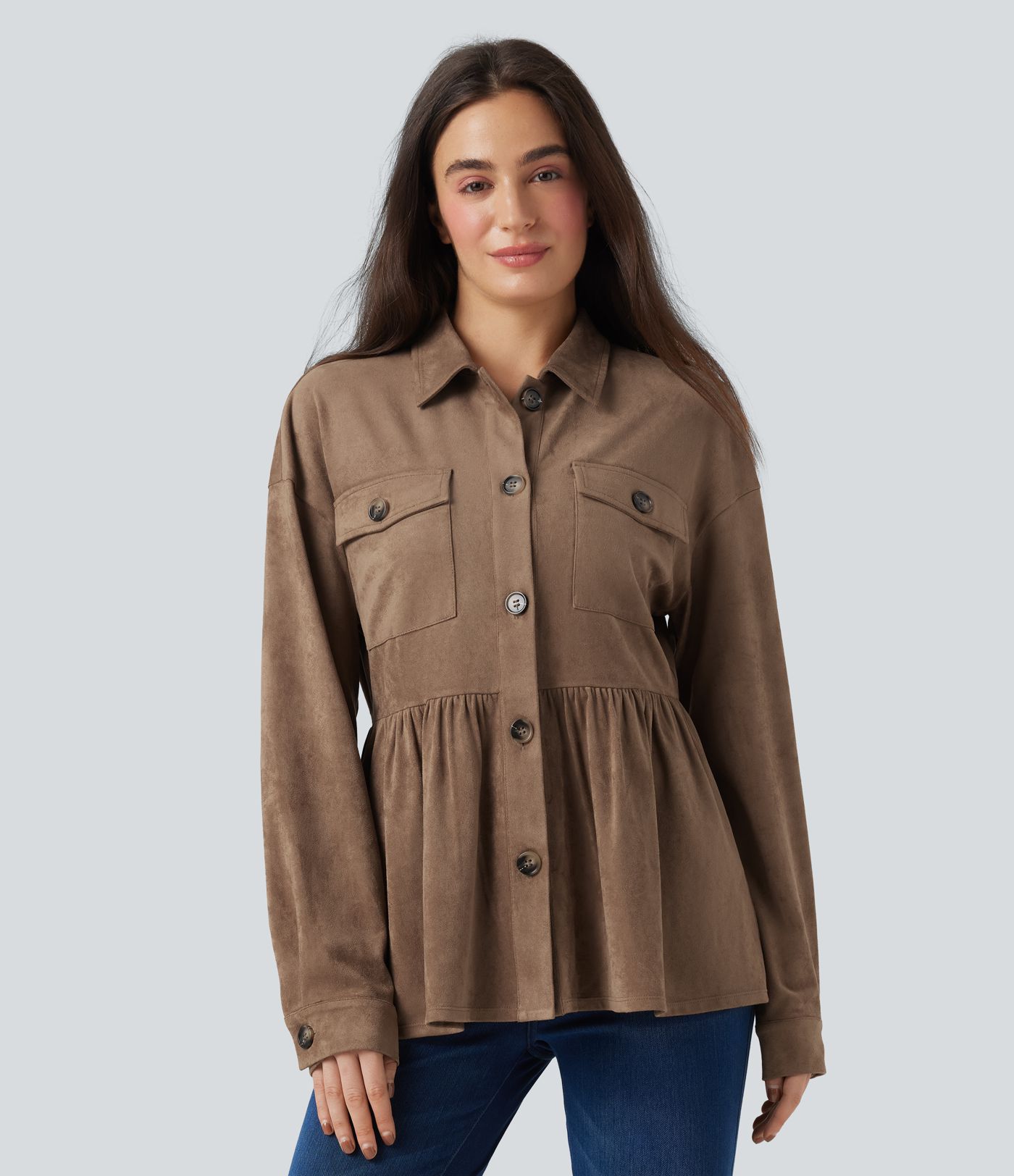Long Sleeve Ruffle Hem Suede Casual Shirt Jacket with Pockets