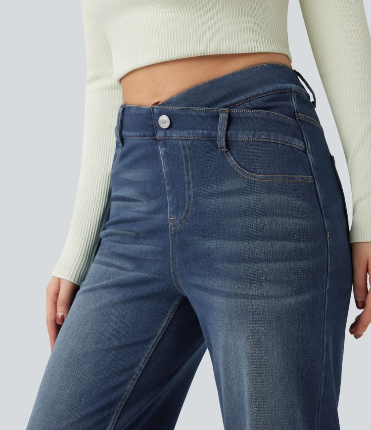 Halara Flex™ Mid Rise Crossover Tummy Control Straight Leg Casual Jeans with Pockets