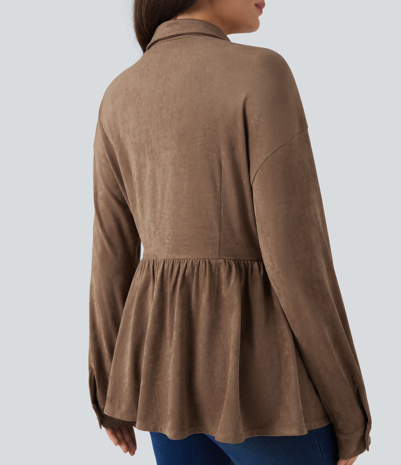 Long Sleeve Ruffle Hem Suede Casual Shirt Jacket with Pockets