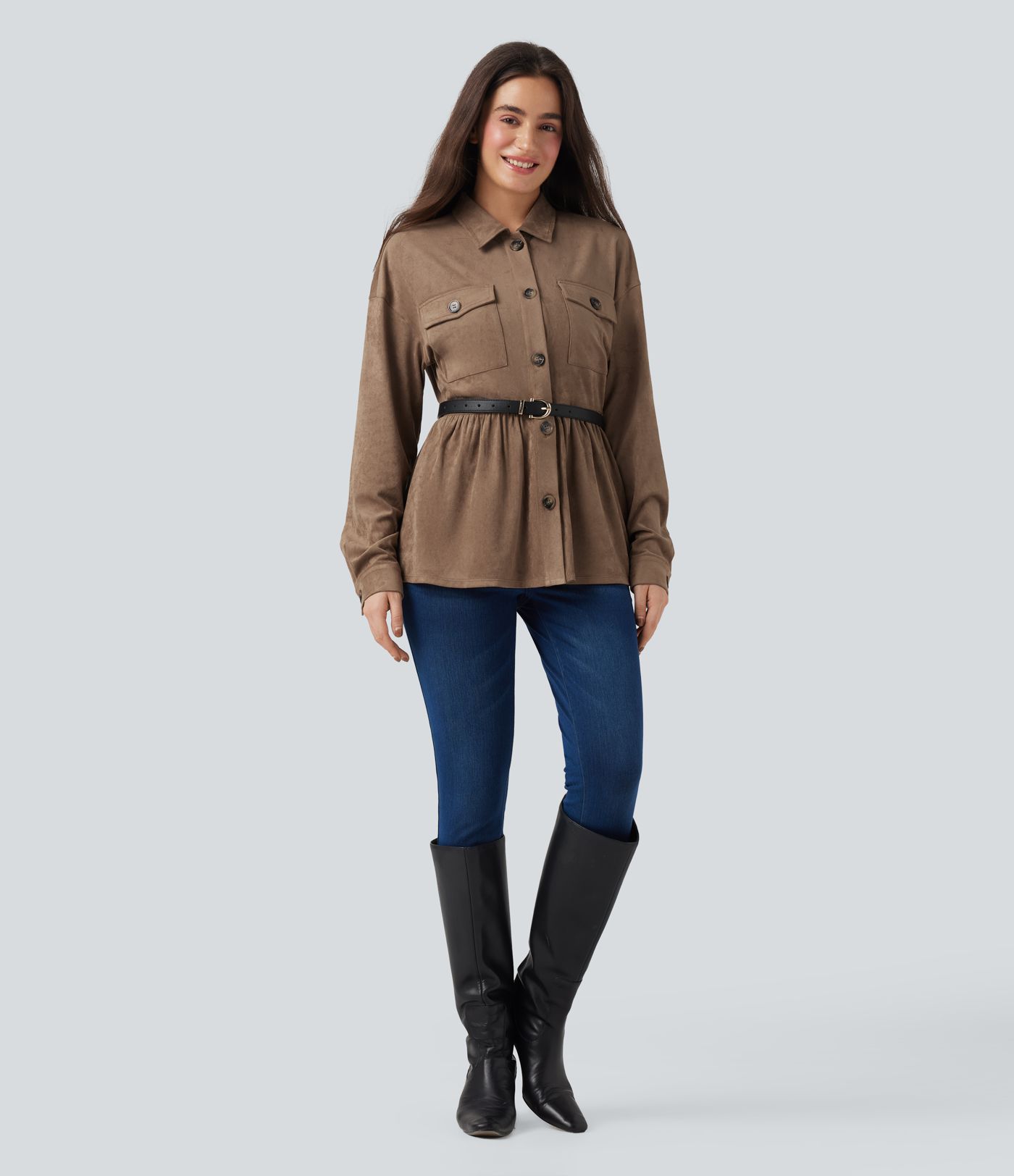 Long Sleeve Ruffle Hem Suede Casual Shirt Jacket with Pockets