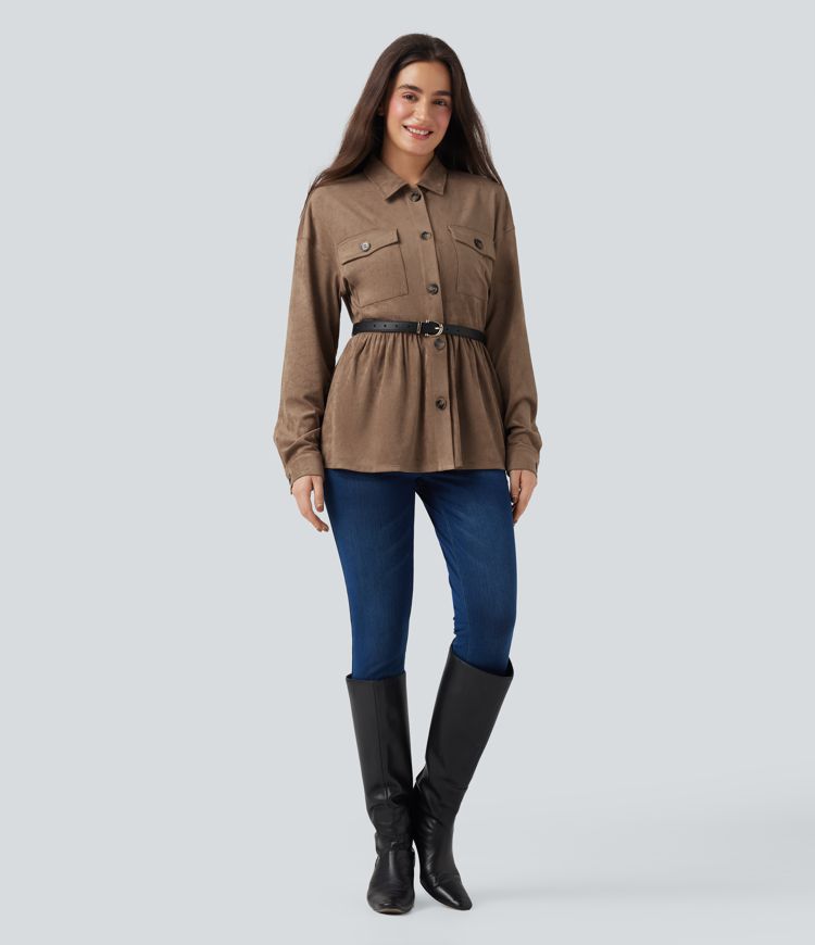 Long Sleeve Ruffle Hem Suede Casual Shirt Jacket with Pockets