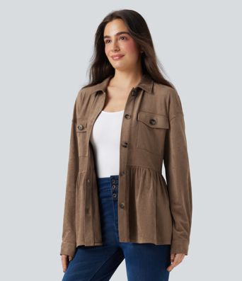 Long Sleeve Ruffle Hem Suede Casual Shirt Jacket with Pockets