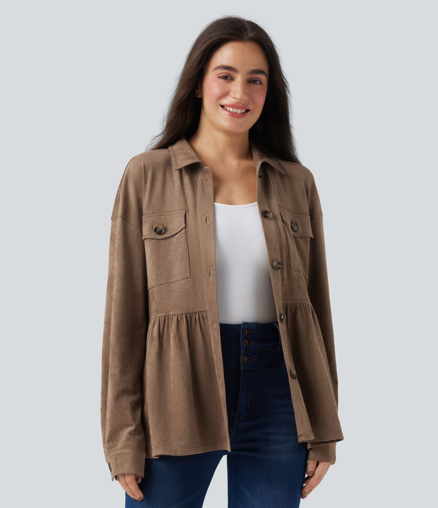 Long Sleeve Ruffle Hem Suede Casual Shirt Jacket with Pockets