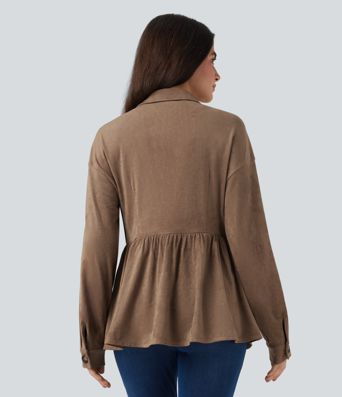 Long Sleeve Ruffle Hem Suede Casual Shirt Jacket with Pockets