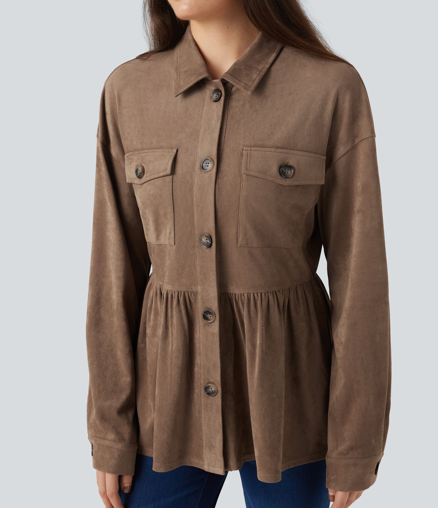 Long Sleeve Ruffle Hem Suede Casual Shirt Jacket with Pockets