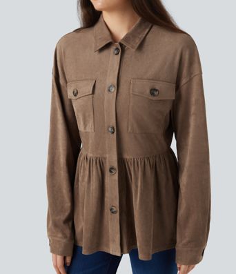 Long Sleeve Ruffle Hem Suede Casual Shirt Jacket with Pockets