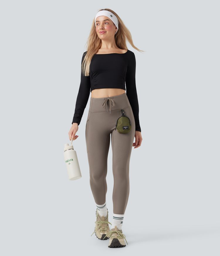 High Waisted Drawstring Fleece 7/8 Hiking Leggings with Pocket