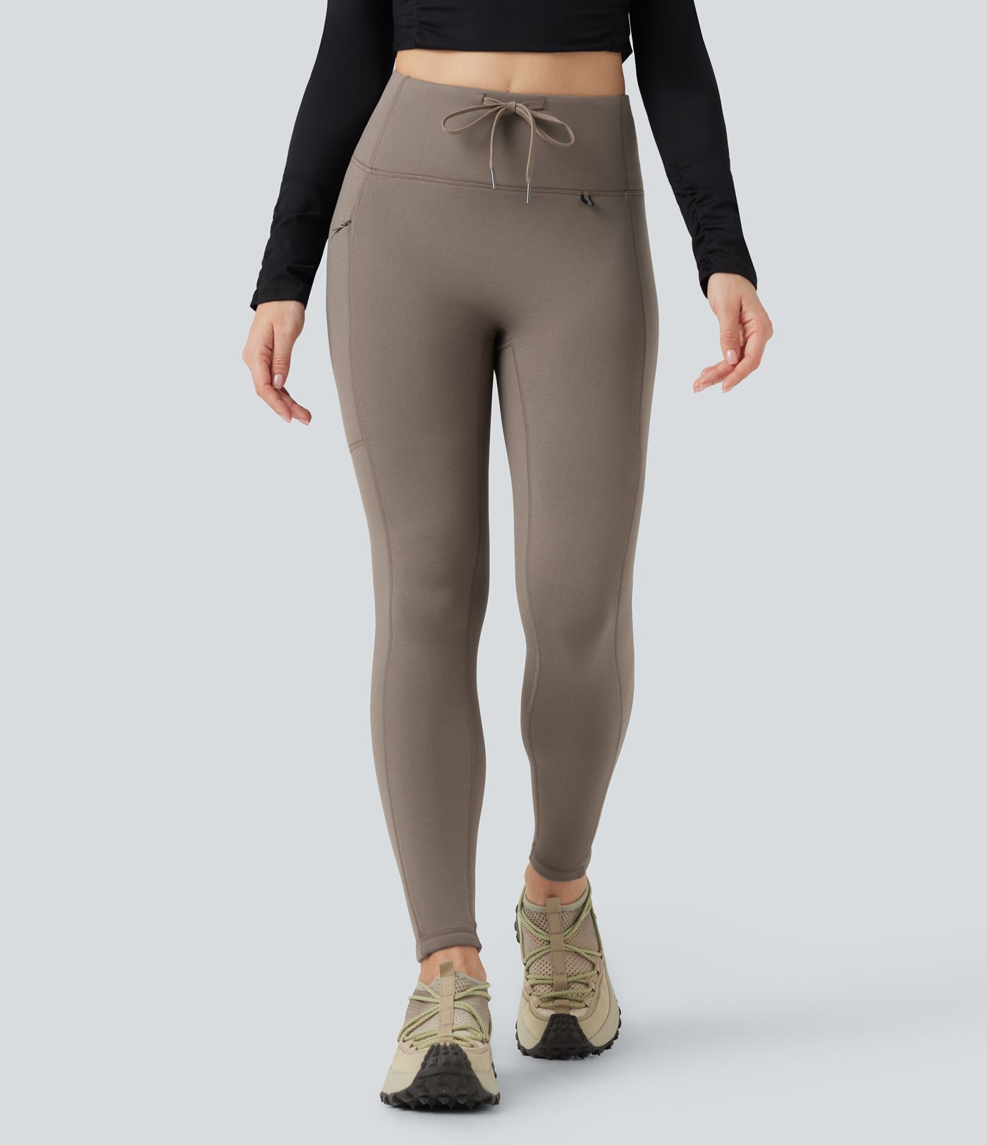 High Waisted Drawstring Fleece 7/8 Hiking Leggings with Pocket