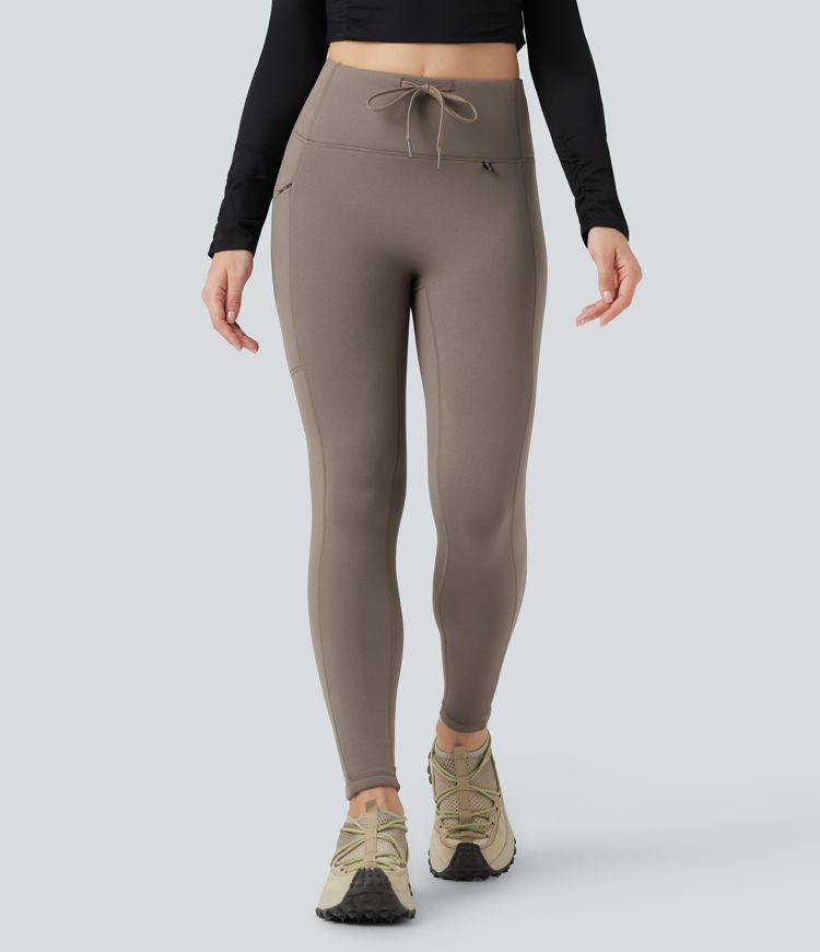 High Waisted Drawstring Fleece 7/8 Hiking Leggings with Pocket