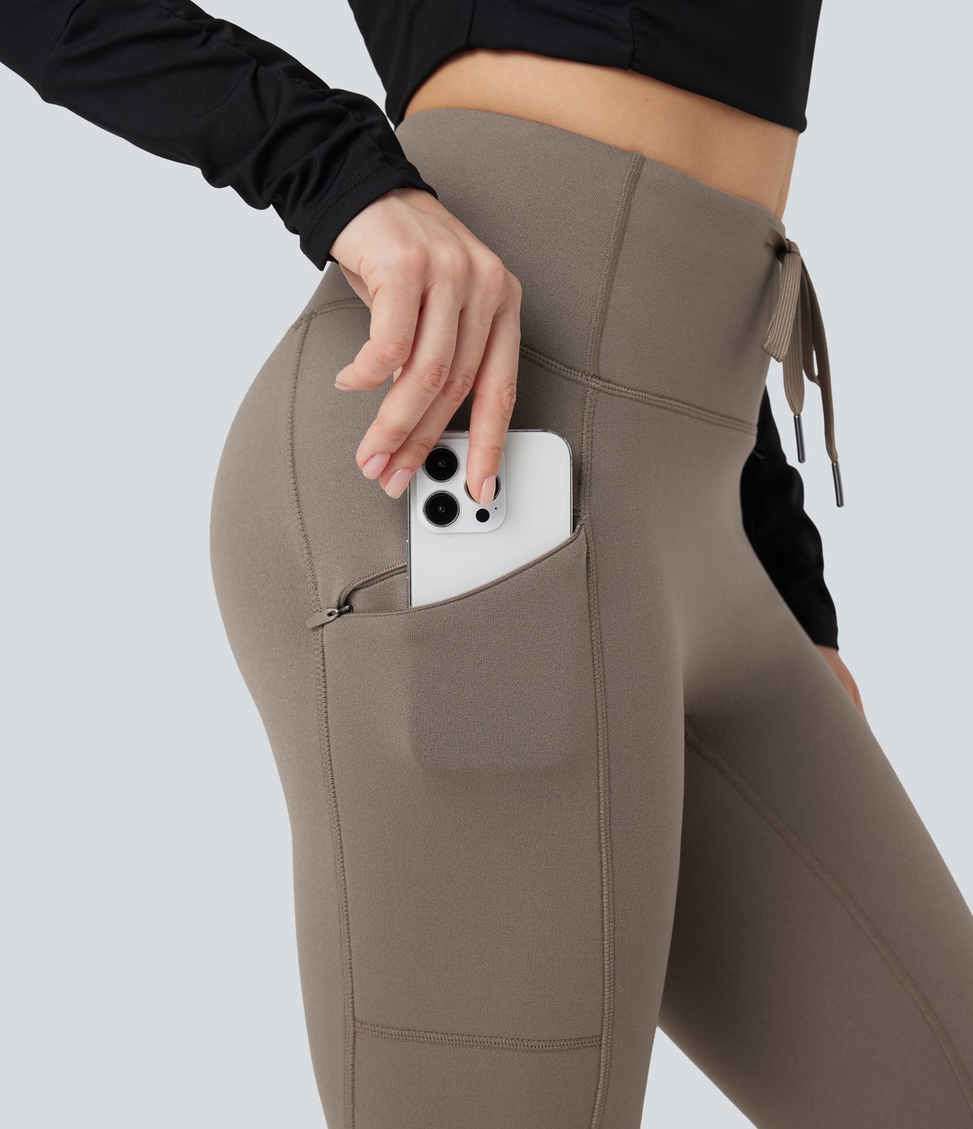 High Waisted Drawstring Fleece 7/8 Hiking Leggings with Pocket