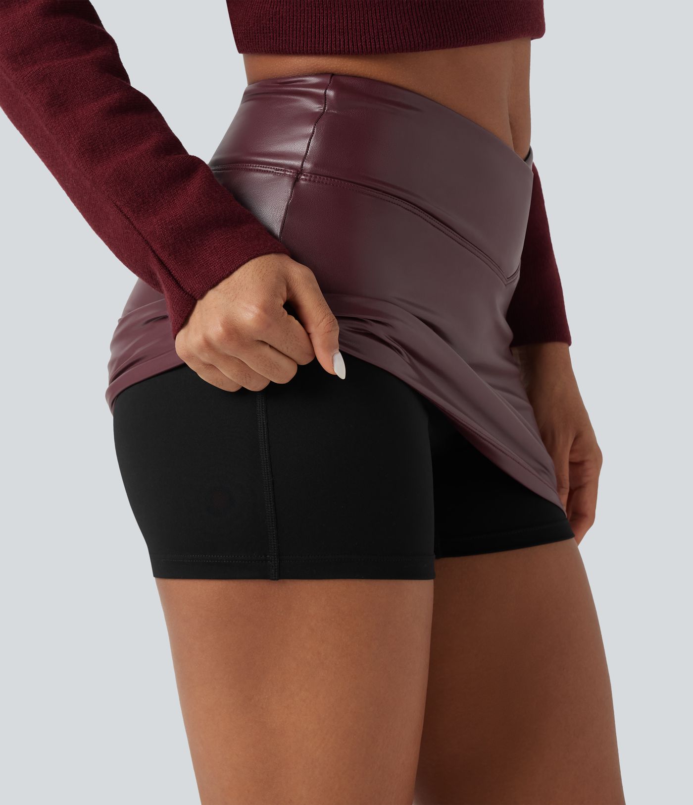 High Waisted Crossover 2-in-1 Bodycon Mini Fleece Casual PU Leather Skirt