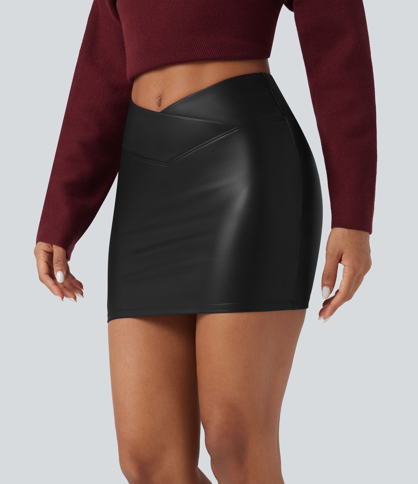High Waisted Crossover 2-in-1 Bodycon Mini Fleece Casual PU Leather Skirt