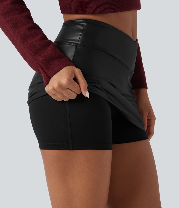 High Waisted Crossover 2-in-1 Bodycon Mini Fleece Casual PU Leather Skirt