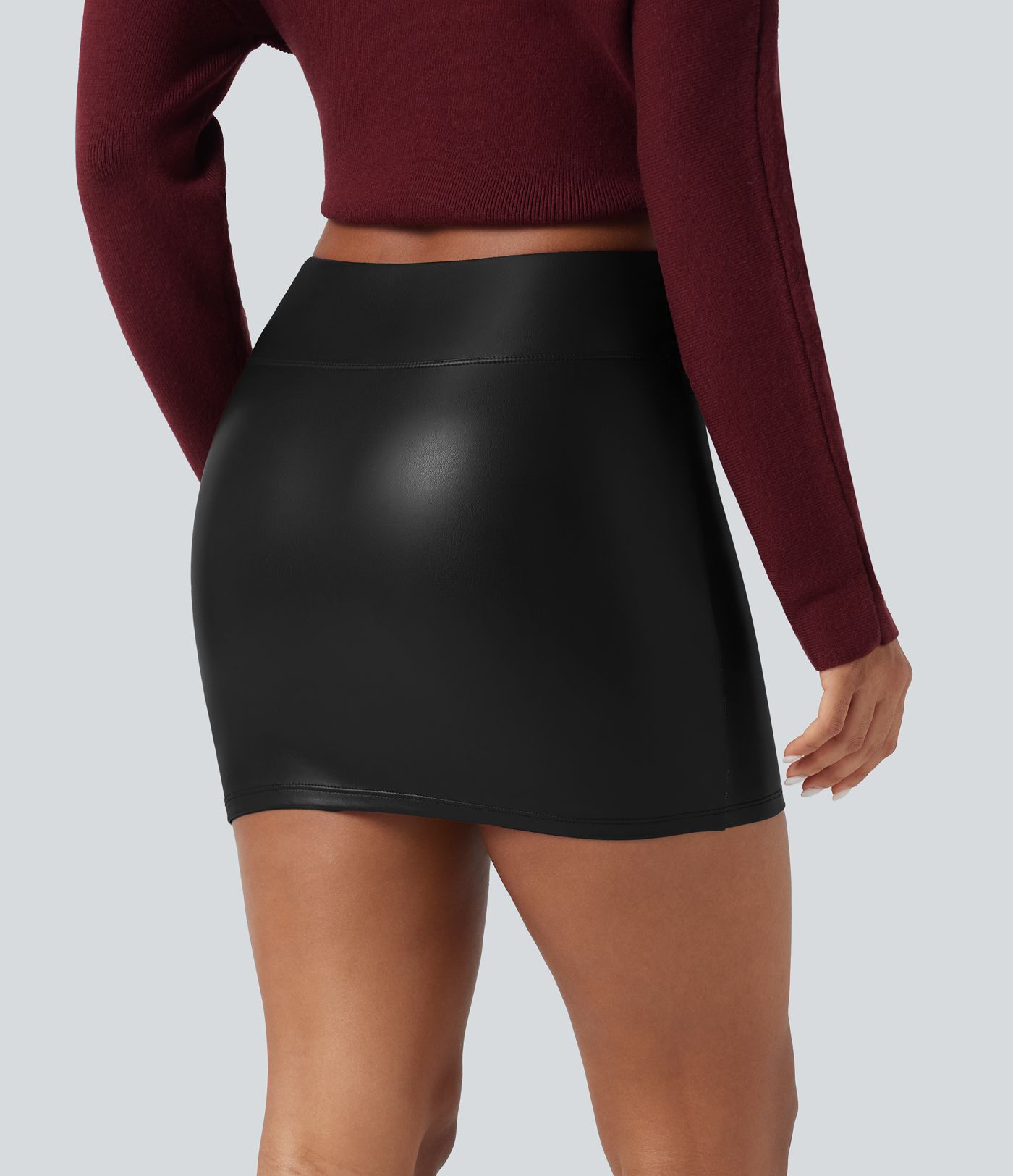 High Waisted Crossover 2-in-1 Bodycon Mini Fleece Casual PU Leather Skirt
