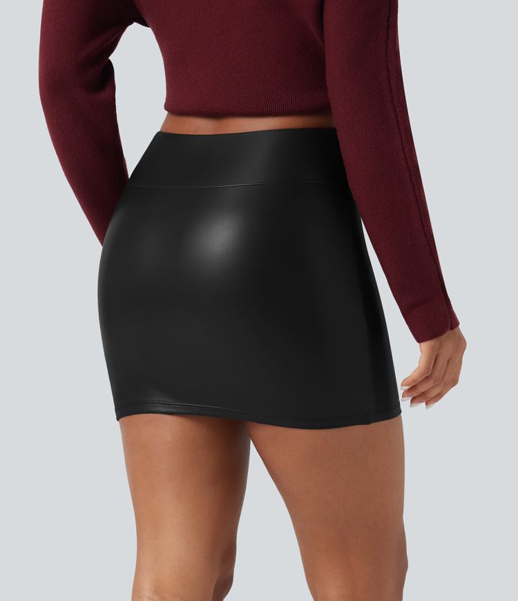 High Waisted Crossover 2-in-1 Bodycon Mini Fleece Casual PU Leather Skirt