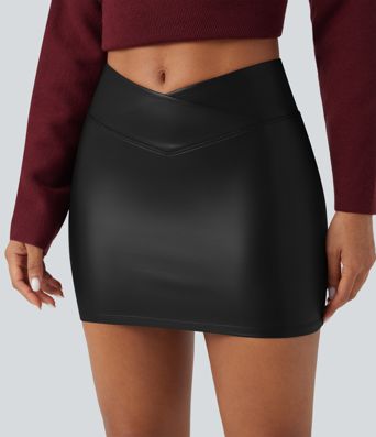 High Waisted Crossover 2-in-1 Bodycon Mini Fleece Casual PU Leather Skirt