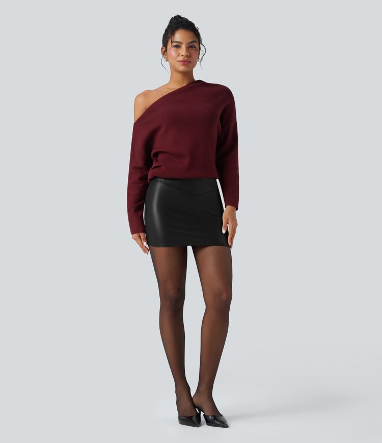 High Waisted Crossover 2-in-1 Bodycon Mini Fleece Casual PU Leather Skirt