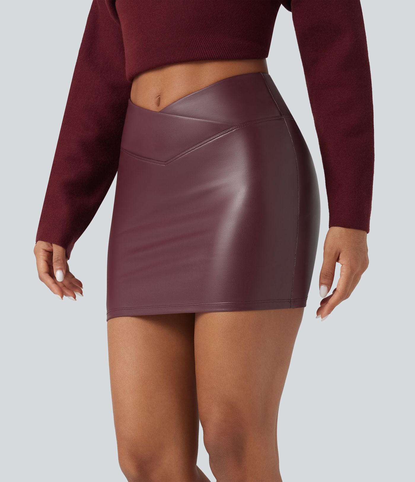 High Waisted Crossover 2-in-1 Bodycon Mini Fleece Casual PU Leather Skirt