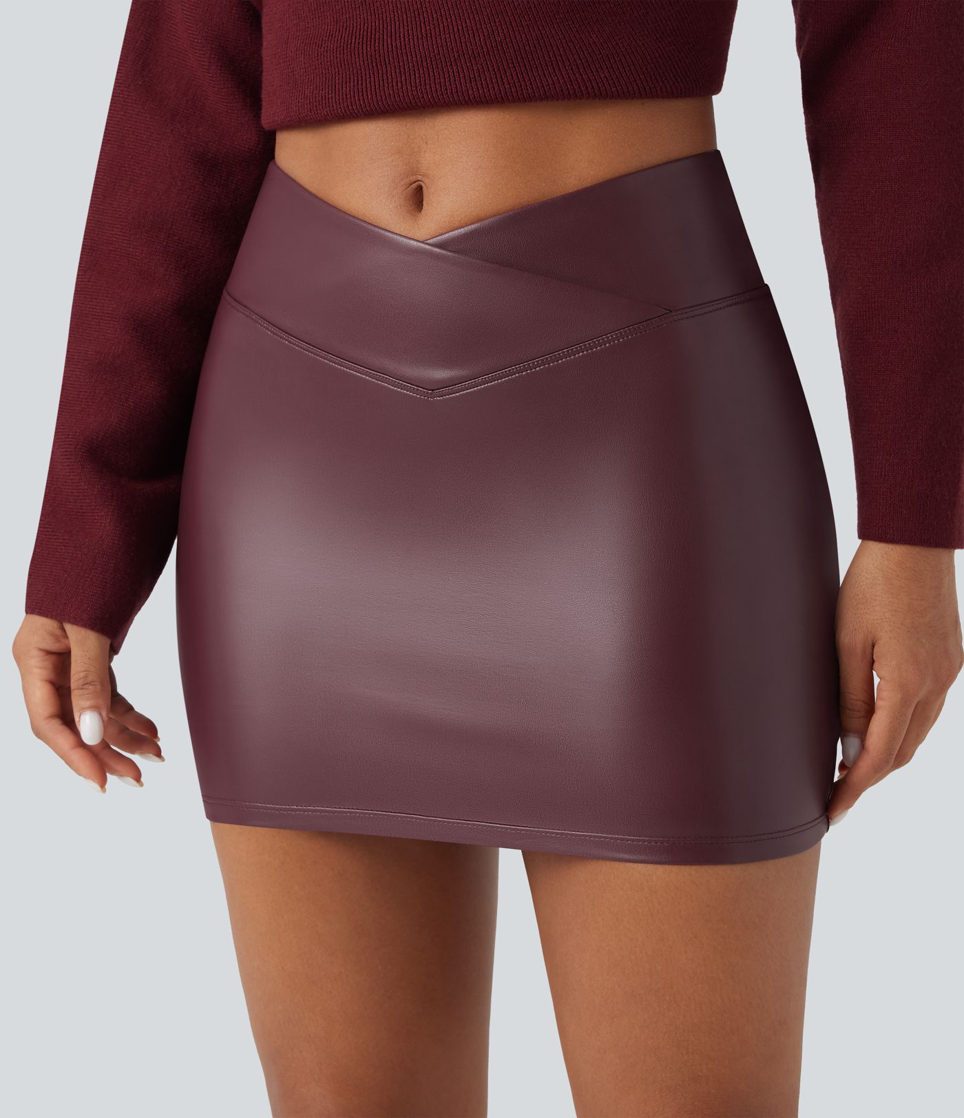 High Waisted Crossover 2-in-1 Bodycon Mini Fleece Casual PU Leather Skirt