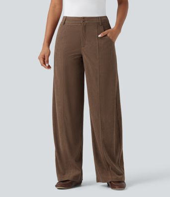 High Waisted Wide Leg Casual Corduroy Pants with Pockets