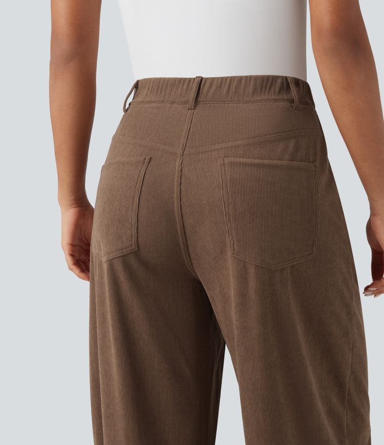 High Waisted Wide Leg Casual Corduroy Pants with Pockets