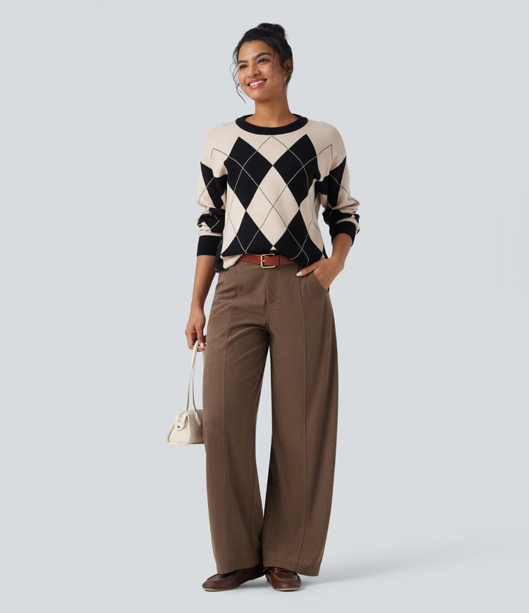 High Waisted Wide Leg Casual Corduroy Pants with Pockets