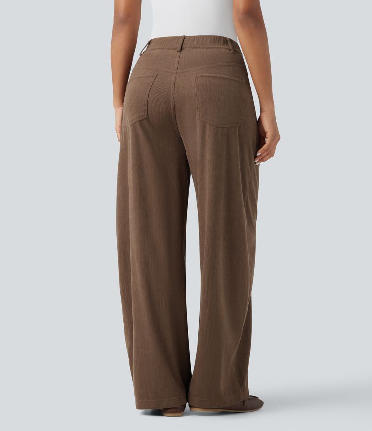 High Waisted Wide Leg Casual Corduroy Trousers with Pockets
